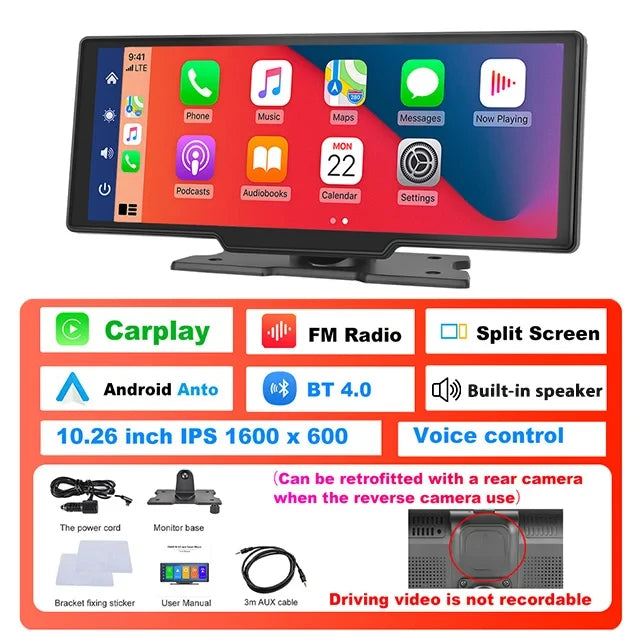 Podofo 10.26" 4K Dash Cam with Wireless CarPlay & GPS