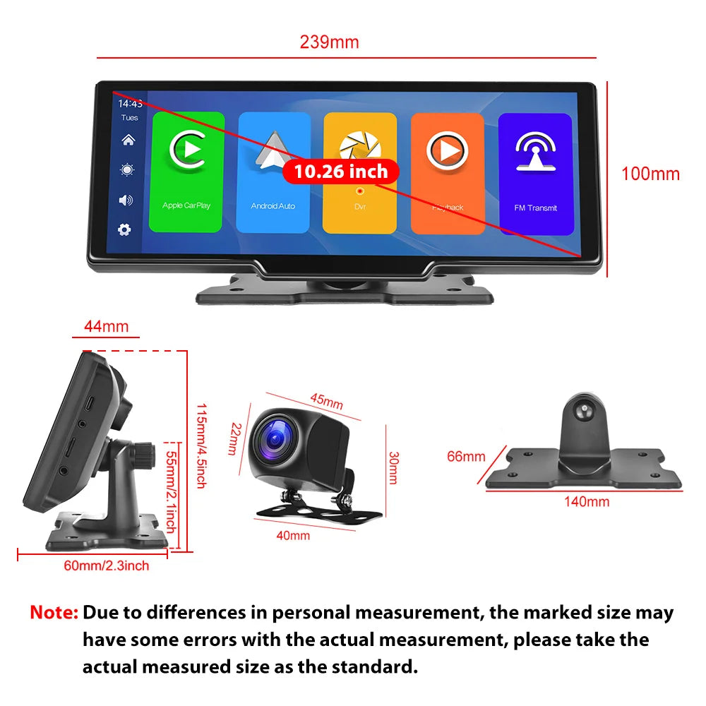 Podofo 10.26" 4K Dash Cam with Wireless CarPlay & GPS