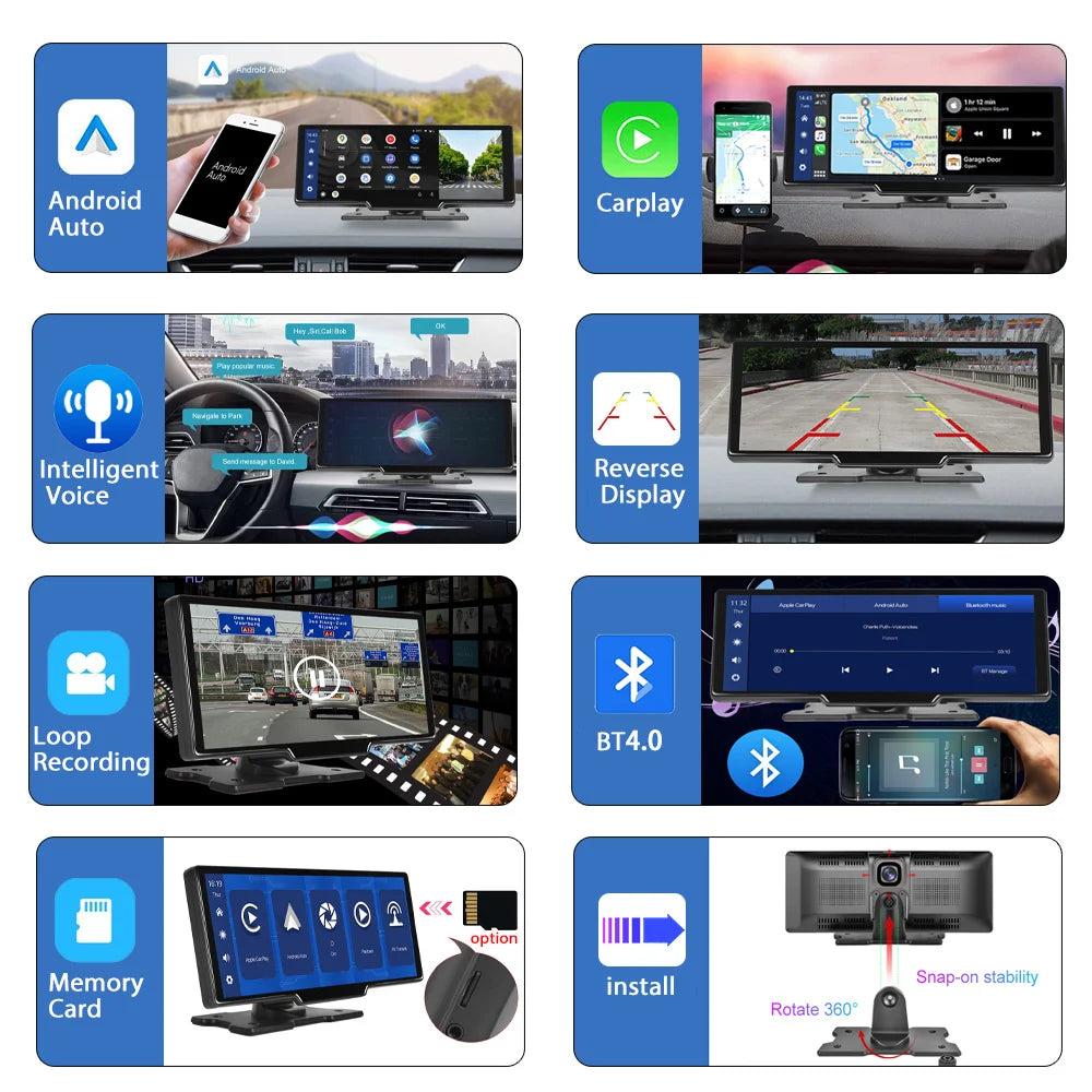 Podofo 10.26" 4K Dash Cam with Wireless CarPlay & GPS