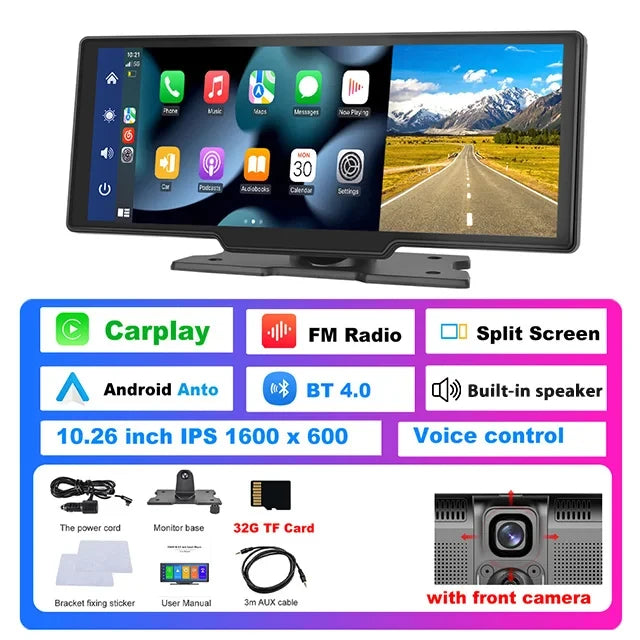 Podofo 10.26" 4K Dash Cam with Wireless CarPlay & GPS