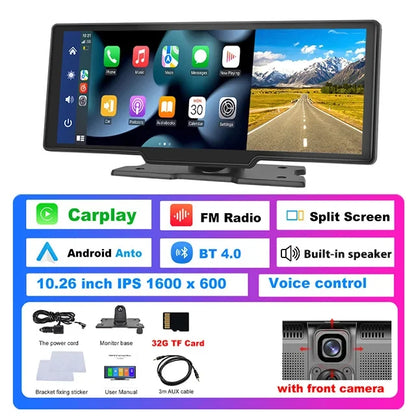 Podofo 10.26" 4K Dash Cam with Wireless CarPlay & GPS