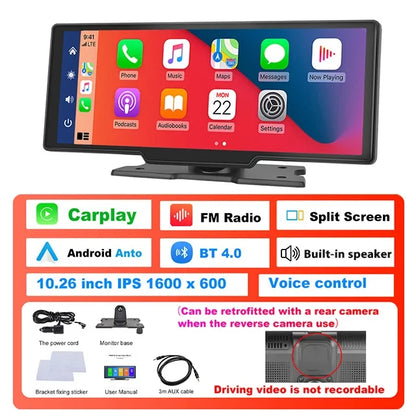 Podofo 10.26" 4K Dash Cam with Wireless CarPlay & GPS