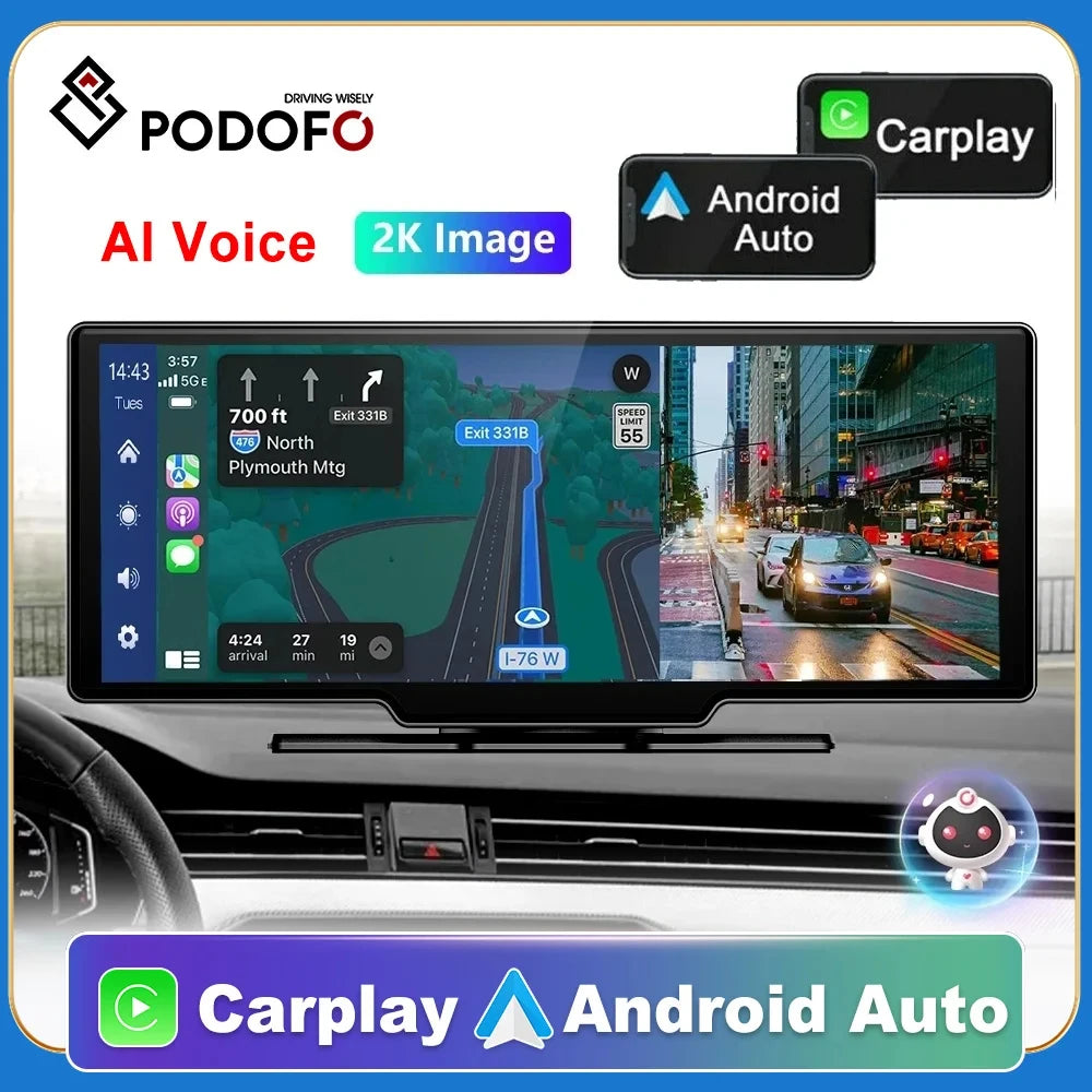 Podofo 10.26" 4K Dash Cam with Wireless CarPlay & GPS