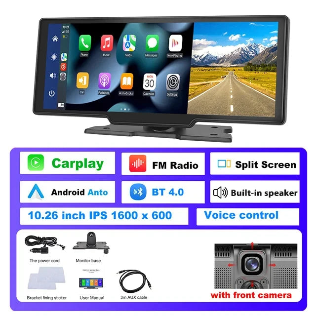 Podofo 10.26" 4K Dash Cam with Wireless CarPlay & GPS