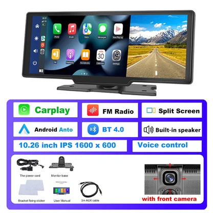 Podofo 10.26" 4K Dash Cam with Wireless CarPlay & GPS
