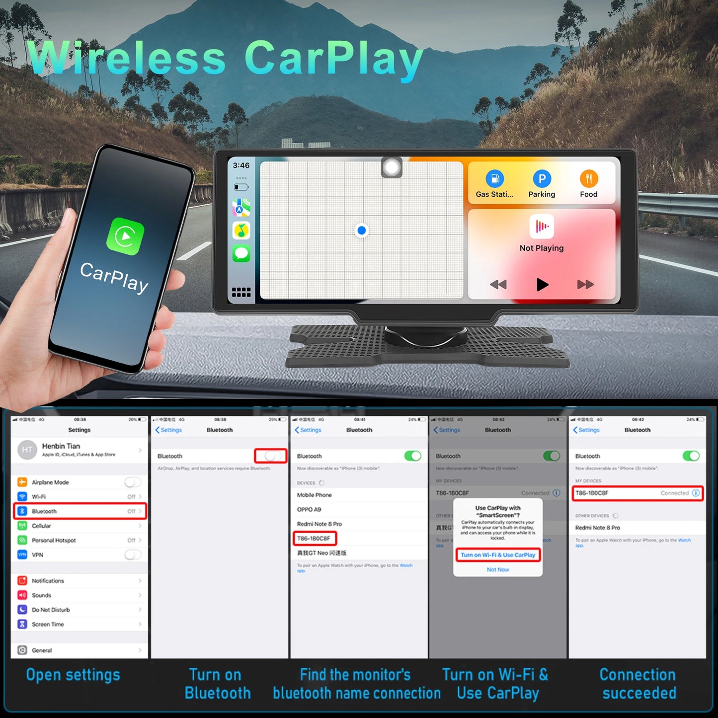 Podofo 10.26" 4K Dash Cam with Wireless CarPlay & GPS