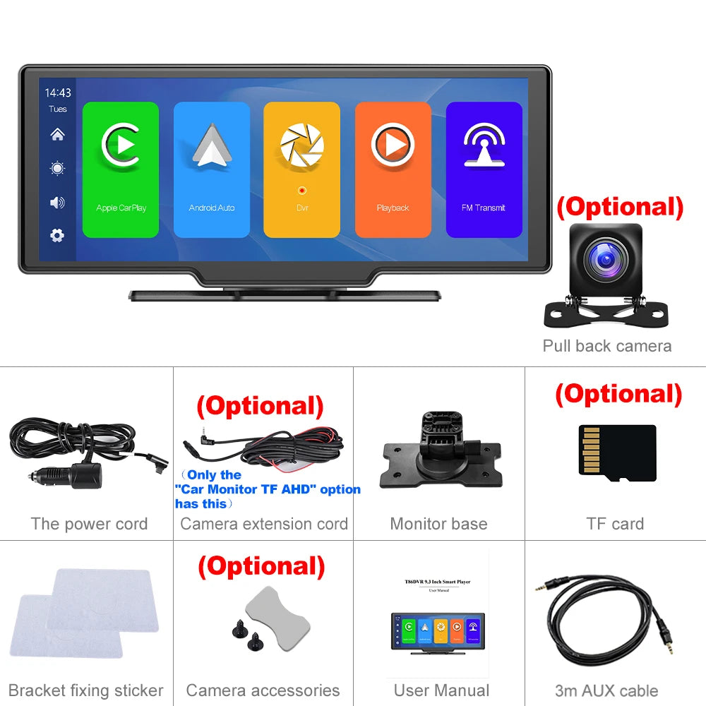 Podofo 10.26" 4K Dash Cam with Wireless CarPlay & GPS