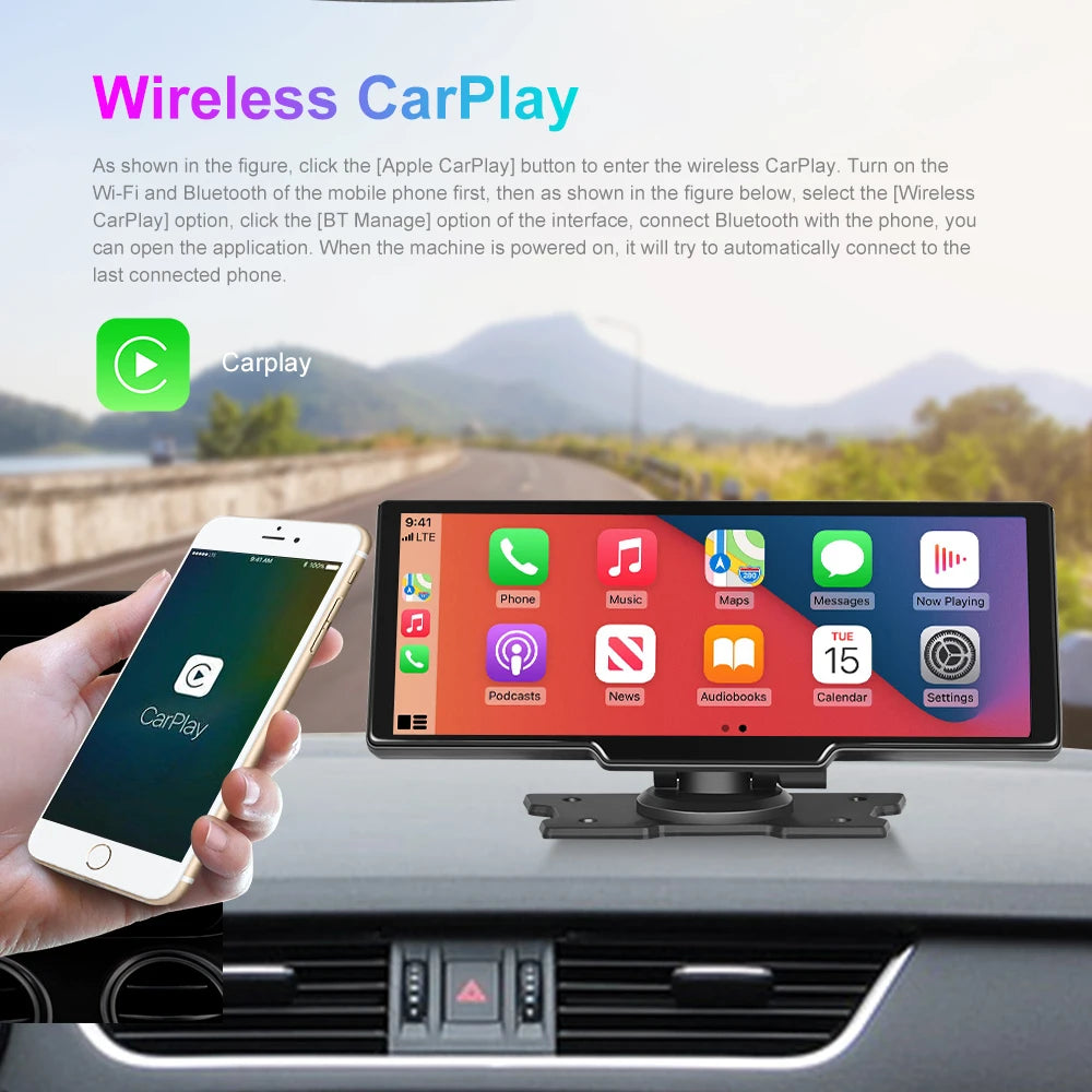 Podofo 10.26" 4K Dash Cam with Wireless CarPlay & GPS