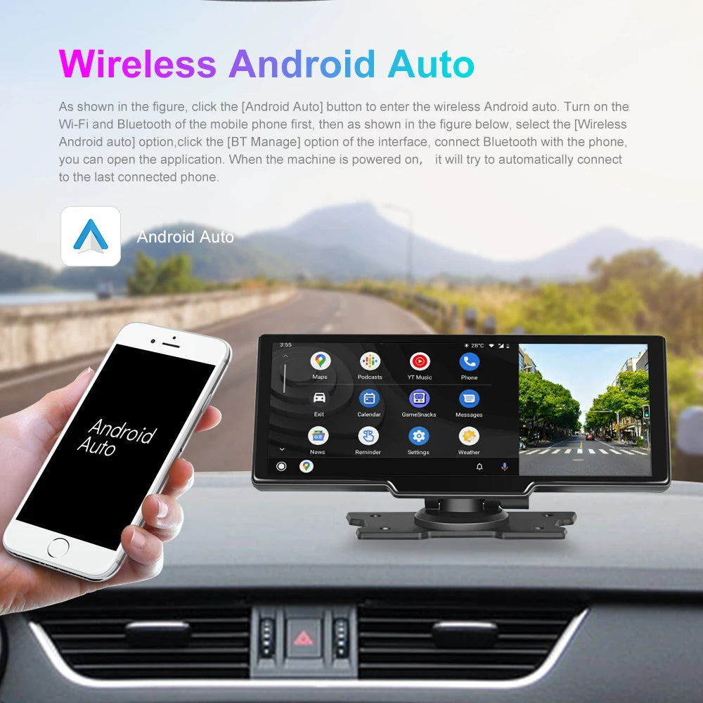 Podofo 10.26" 4K Dash Cam with Wireless CarPlay & GPS