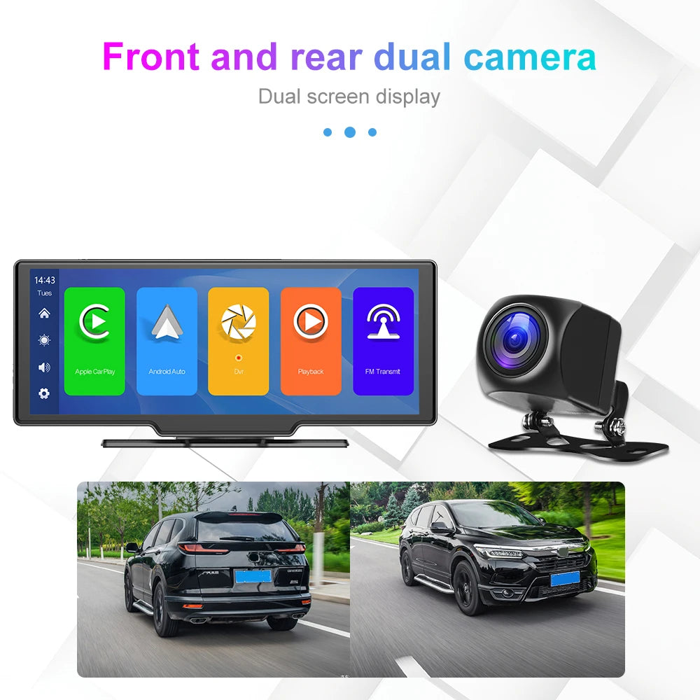 Podofo 10.26" 4K Dash Cam with Wireless CarPlay & GPS