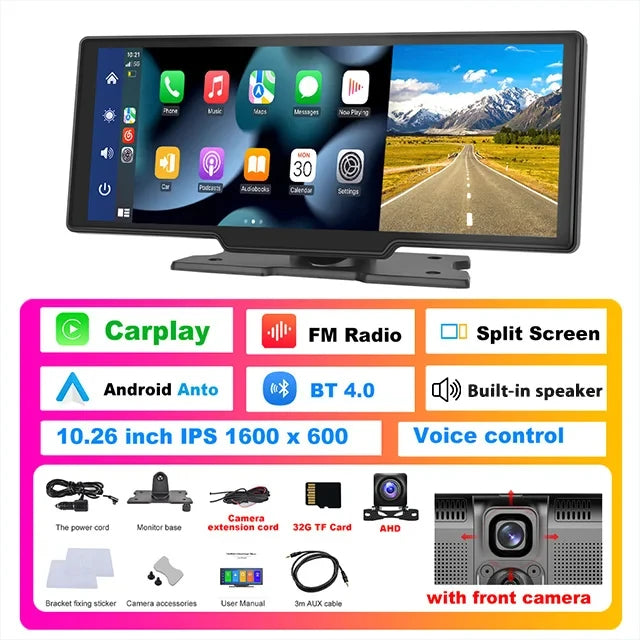 Podofo 10.26" 4K Dash Cam with Wireless CarPlay & GPS