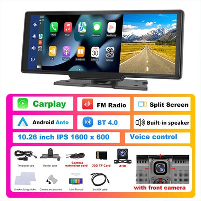 Podofo 10.26" 4K Dash Cam with Wireless CarPlay & GPS